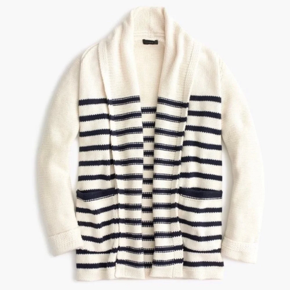 J. Crew Long Open Cardigan Sweater Navy Stripe Cotton Wool Blend Sz XS - Picture 11 of 12